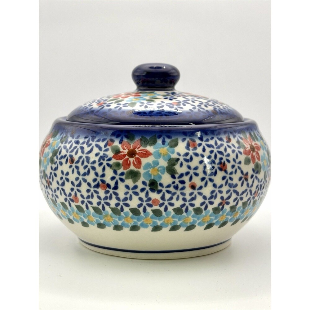 Ceramika Boleslawiec Handmade Blue & White Floral Ceramic Jar with Lid 6” Dia